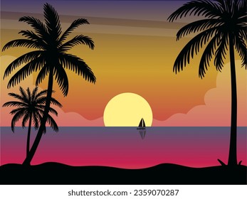 schöner Sonnenuntergang mit Palmen, Meerwasserwolken mit Blick auf Vektorgrafik 