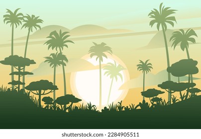 Beautiful palm trees silhouette. Tropical forest. Dense jungle with big trees. Thickets of plants. Cartoon fun style. Flat design. Vector