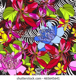 Beautiful palm trees and tropical flowers hibiscus seamless pattern. Colorful floral background vector template.