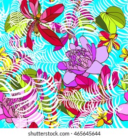 Beautiful palm trees and tropical flowers hibiscus seamless pattern. Colorful floral background vector template.