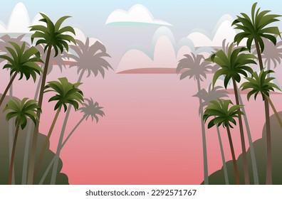 Beautiful palm trees. Tropical rainforest landscape. Red evening sunset. Overgrown jungle. Southern nature. Cartoon fun style. Flat design. Vector