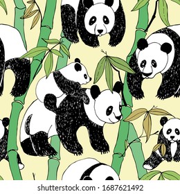 Hermoso patrón de bambú panda, gran diseño para cualquier propósito. Patrón vectorial de árbol de bambú. Carácter silvestre. Fondo abstracto gráfico. Fondo de fauna y flora animal.