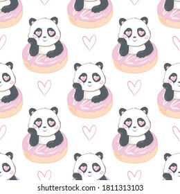 Beautiful panda and donut seamless pattern on a white background