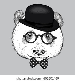 A beautiful panda with a hat, glasses and a tie. Vector illustration. Bear.