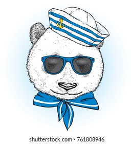 A beautiful panda in sailor clothes. Vector illustration. Animal in clothes and accessories. A sailor in a cap and tie.