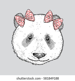 Beautiful panda with two bows. Vector illustration.

