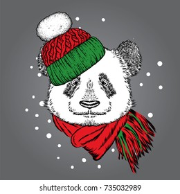 A beautiful panda in a winter hat and scarf. Cute bear. Vector illustration for a postcard, poster, print for clothes or accessories. New Year's and Christmas.