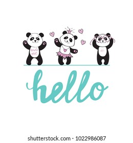 beautiful pandas and the inscription hello