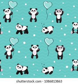 beautiful pandas on a blue background seamless pattern