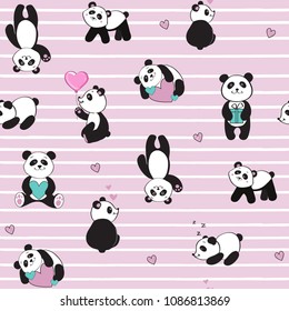 beautiful pandas on a pink background seamless pattern