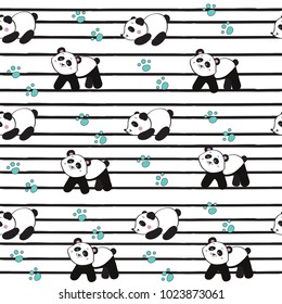 beautiful pandas seamless pattern on a striped background
