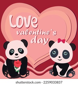 beautiful pandas for valentine's day on the background of a red heart
