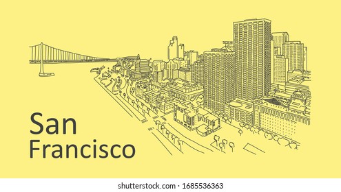 Beautiful panorama from above city San Francisco. Cancellation events. Quarantine in USA. Gateway to Pacific Ocean. City is famous for skyscrapers. Modern and historical architecture.