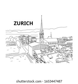 Beautiful panorama from above city Zurich, sketch. Tourist attraction. International arbitration court. Old town and tower. Observation deck in Europe. Prestigious property in Switzerland.