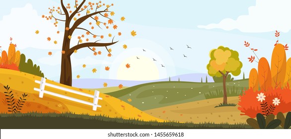 Beautiful Panorama Autumn Landscape with Falling Leaves - Vector