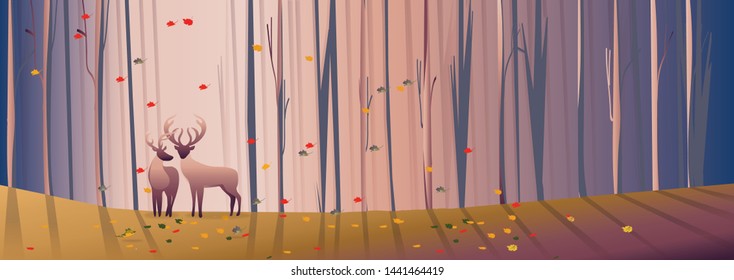 Beautiful panorama background with deciduous forest landscape in autumn, Panoramic of mid autumn with back light,mist and fog,Silhouette of deers in the forest during autumn season, Natural background