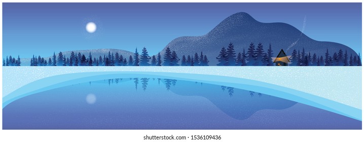 Beautiful panorama background with night scene of mountain lake landscape in winter, Panoramic of winter with  moon light,mist and fog,lonely hut  in the forest while snow fall, Natural background