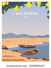 beautiful Panorama of the Lake Garda in Italy. vector illustration landscape for background, travel poster, card, postcard, print. svg