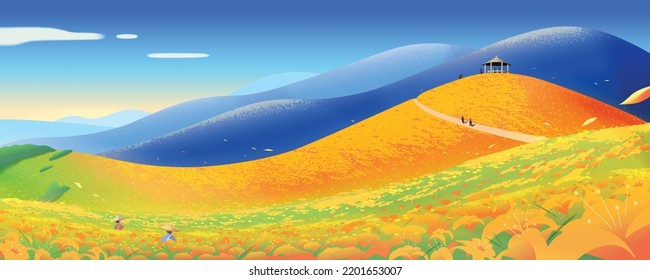 Beautiful panorama landscape. Illustrated flower sea of orange daylily called Kinchen Mountain in Taitung, Taiwan.
