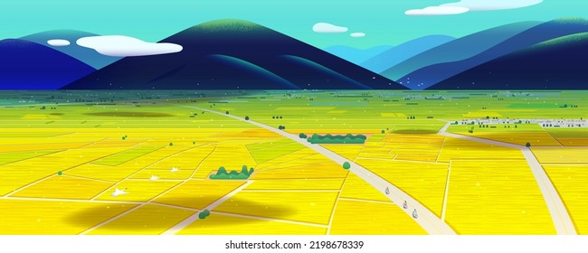 Beautiful panorama landscape. Illustration of rice fields and bikeway in Chihshang Township in Taitung, Taiwan.