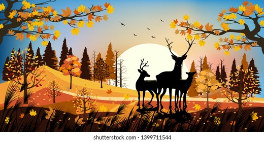 Beautiful panorama landscapes of Countryside in autumn, Panoramic of mid autumn with sunset, Silhouette of deers in the forest during autumn season, Natural background