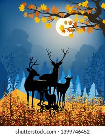 Beautiful panorama landscapes of Countryside in autumn, Panoramic of mid autumn with full moon at night, Silhouette of deers in the forest during autumn season, Natural background