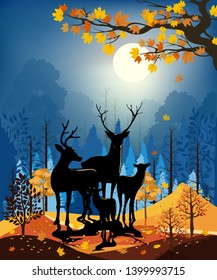 Beautiful panorama landscapes of Countryside in autumn, Panoramic of mid autumn with full moon at night, Silhouette of deers in the forest during autumn season, Natural background