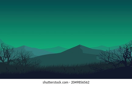 Beautiful Panorama of the mountain at night from the edge of the city. Vector illustration of a city