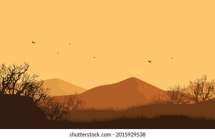 The beautiful panorama of the mountains at dusk in the afternoon with aesthetically pleasing dry trees. Vector illustration of a city