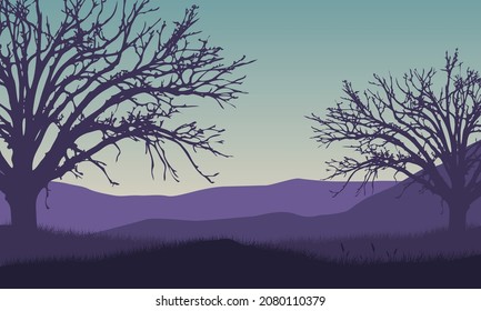 Beautiful  Panorama of the mountains in the morning with the silhouette of dry trees around it. Vector illustration of a city