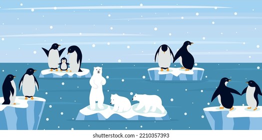 Beautiful panorama with natural arctic glacier and with group penguin and bears. Panoramic landscape of north sea or arctic ocean snow mountains. Frozen nature of Antarctica eps 10