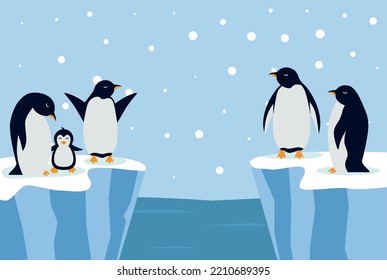 Beautiful panorama with natural arctic glacier and with group penguin. Panoramic landscape of north sea or arctic ocean snow mountains. Frozen nature of Antarctica eps 10