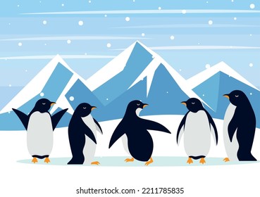 Beautiful panorama with natural arctic glacier and with group penguin. Panoramic landscape of north sea or arctic ocean snow mountains. Frozen nature of Antarctica eps 10