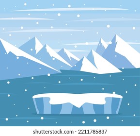 Beautiful panorama with natural arctic glacier. Panoramic landscape of north sea or arctic ocean snow mountains. Frozen nature of Antarctica eps 10