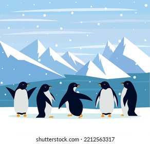 Beautiful panorama with natural arctic glacier and with group penguin. Panoramic landscape of north sea or arctic ocean snow mountains. Frozen nature of Antarctica eps 10