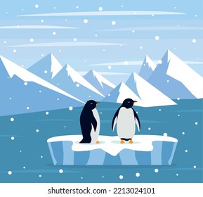 Beautiful panorama with natural arctic glacier and with group penguin. Panoramic landscape of north sea or arctic ocean snow mountains. Frozen nature of Antarctica eps 10