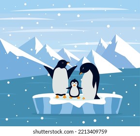 Beautiful panorama with natural arctic glacier and with group penguin. Panoramic landscape of north sea or arctic ocean snow mountains. Frozen nature of Antarctica eps 10