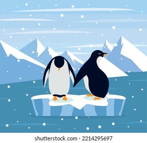 Beautiful panorama with natural arctic glacier and with group penguin. Panoramic landscape of north sea or arctic ocean snow mountains. Frozen nature of Antarctica eps 10