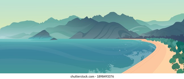 The  beautiful panorama of sea, beach and hills. Sunny afternoon. Wonderful springtime landscape with lake and  mountains. Nature banner for traveling  website. Large background for game. 