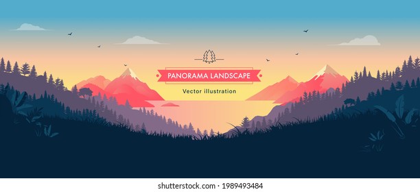 Beautiful panorama vector landscape illustration - Peaceful view over mountains, ocean and forest. Travel, hiking, outdoors and adventure background or wallpaper.