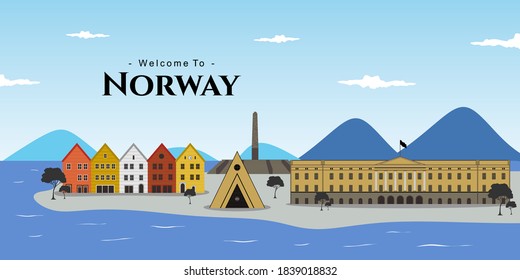 Hermosas vistas panorámicas en Noruega. Paisaje urbano para diseño vacacional, afiche con edificio europeo. Gran punto de referencia para su destino. Concepto de viajes y vacaciones turísticas