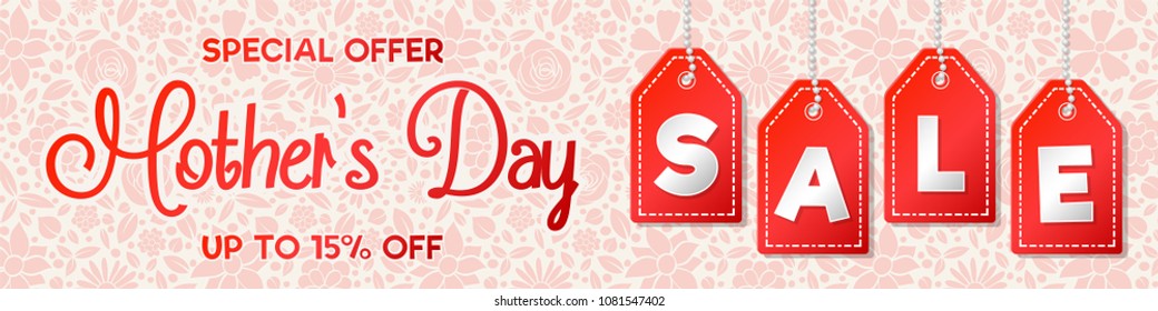 Beautiful panoramic header with floral background for Mother's Day Sale. Vector.