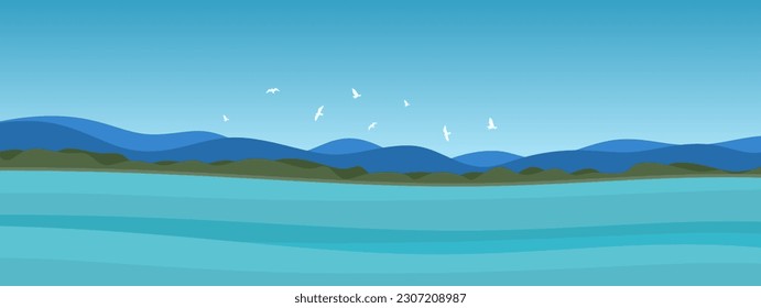Beautiful panoramic landscape. Summer landscape with mountains, hills, lake, blue sky and flying birds. horizontal background. Vector illustration