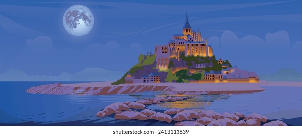 Beautiful panoramic landscape view of illuminated Mont Saint Michel cathedral on the island at night with full moon and reflections. Normandy, France. Vector illustration.