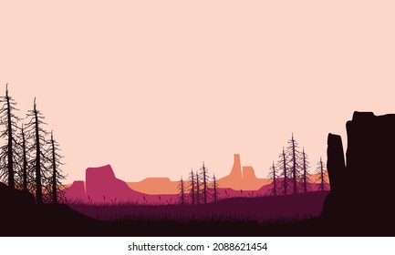 The beautiful panoramic of the mountain in the afternoon from the countryside with the silhouette of dry trees around. Vector illustration of a city
