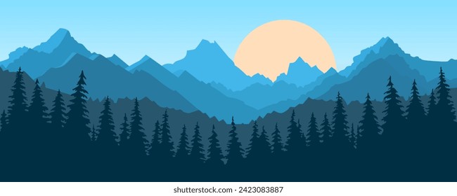 Hermoso paisaje panorámico de montaña al amanecer. Un impresionante paisaje de siluetas de altas montañas y bosques de pinos en el marco de un impresionante sol. Ilustración vectorial para impresión.