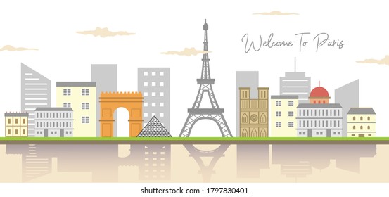 Schöne Panoramaaussicht auf die romantische Landschaft des Eiffelturms und der Seine während des sonnigen Tages. Paris Stadt mit Gebäuden Symbol.Paris, Frankreich. Stadtskizze. Farbige Vektorgrafik