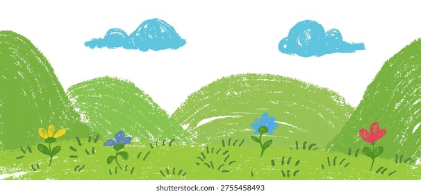Beautiful panoramic scene of green meadow dotted with simple yellow blue and red flowers with hills in distance. Scribble vector background for children book or game in cartoon doodle style made from pencil, marker or chalk crayon.