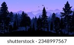 Beautiful panoramic view of a dark forest with purple and blue silhouettes of trees and mountains against a violet sky. Scenic landscape perfect for travel and adventure backgrounds