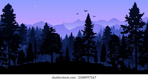 Beautiful panoramic view of a dark forest with purple and blue silhouettes of trees and mountains against a violet sky. Scenic landscape perfect for travel and adventure backgrounds